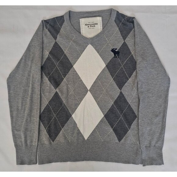 Abercrombie & Fitch Gray Argyle Moose Logo V-Neck Pullover Sweater Men's Size XL - Picture 2 of 9